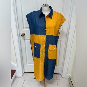 Bubblee Blue and Yellow Colorblock Sleeveless Shirt Dress
